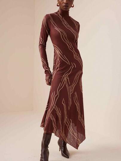 Vesra Vestido asimétrico de manga larga con cuello alto y estampado ajustado para mujer