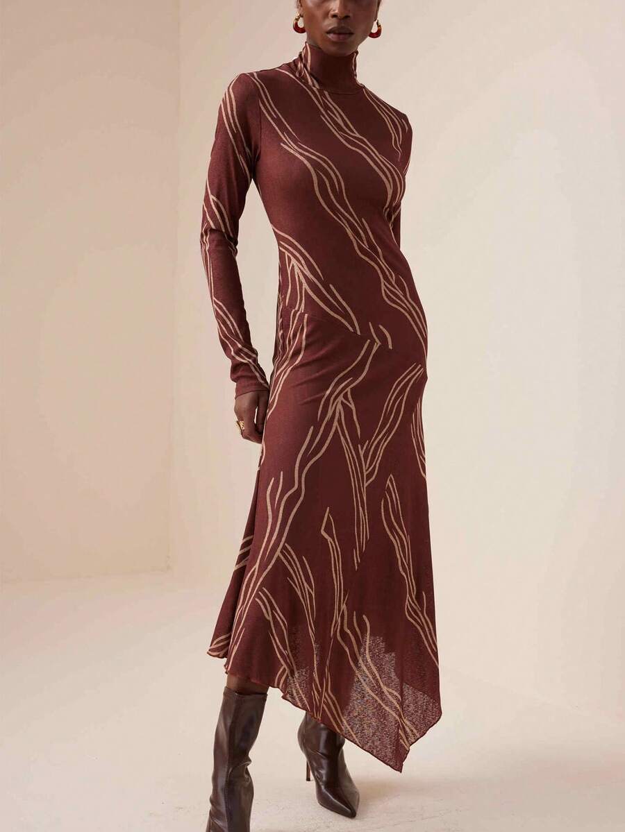 Vesra Vestido asimétrico de manga larga con cuello alto y estampado ajustado para mujer