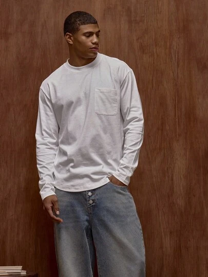 Musero Men Long Sleeve Crew Neck Basic T-Shirt Front Pocket Detailing Fall/Autumn Winter Clothes Capsule Wardrobe