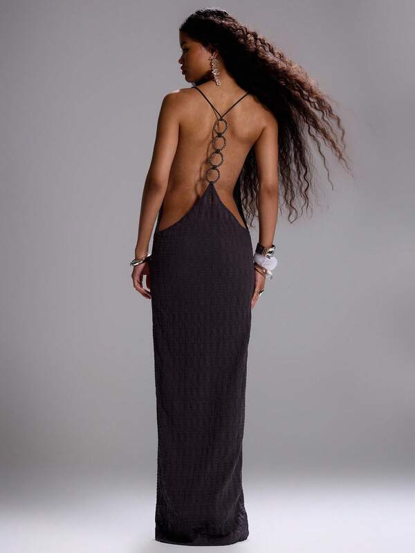 MUSERA Vestido maxi de corte recto con detalle de espalda de punto a ganchillo, sexy para salir, elegante para otoño, estilo distópico