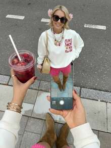 EMERY ROSE Plus Size Casual Letter Print Crew Neck Sweatshirt Pullover Fall Winter Autumn - White - View 4