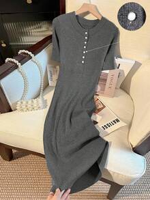 SHEIN Franclia Vestido de suéter de sirena ajustado con cuello redondo elegante, botones exquisitos y textura, al estilo europeo y estadounidense de blogger - Gris Oscuro - Ver 6