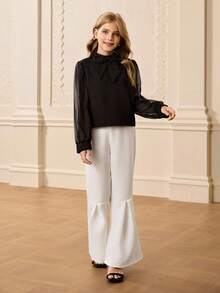 青少年女孩优雅可爱的黑色蝴蝶结长袖上衣、柔软薄纱灯笼袖、白色喇叭裤衬衫套装秋冬 - 黑色 - 查看 3