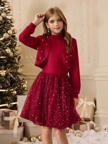 2pcs/Set Tween Girls Sleeveless Dress And Long Sleeve Cardigan Co-Ord Outerwear Fall Winter - Red - View 3