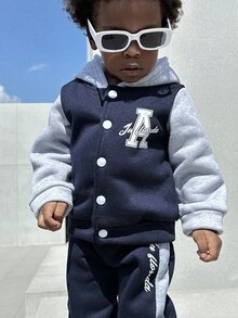 SHEIN 2pcs/Set Baby Boys Navy Blue Autumn Casual Page Boy Back-To-School Outfit,Letter "A" Print Button Sweatshirt Jacket & Colorblock Pants Tracksuit Set - Royal Blue - View 1