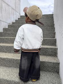 SHEIN Chaqueta reversible de manga larga con cremallera, cuello de canalé, estampado de letras y rayas de contraste para bebé/niño pequeño, chaqueta de bebé niño, chaqueta bomber reversible de estilo coreano para bebé niño, otoño e invierno - Multicolor - Ver 7