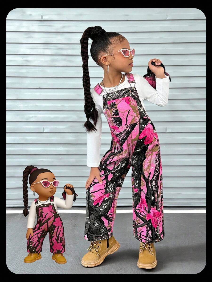 SHEIN Young Girls' Baby Pink Y2K Retro Tie-Dye Washed Denim Bib Pants,Cute Street Fashion Cover Up Overalls,Summer 2025 New Casual Versatile Daily Outing - Multicolor - View 1