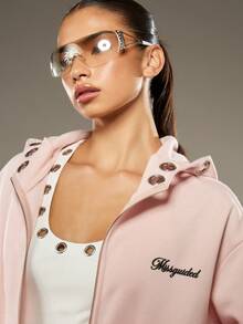 MISSGUIDED Eyelet Detail Full Zip Hoodie With Drawstring For Fall Winter Casual Wear - Pink - View 5