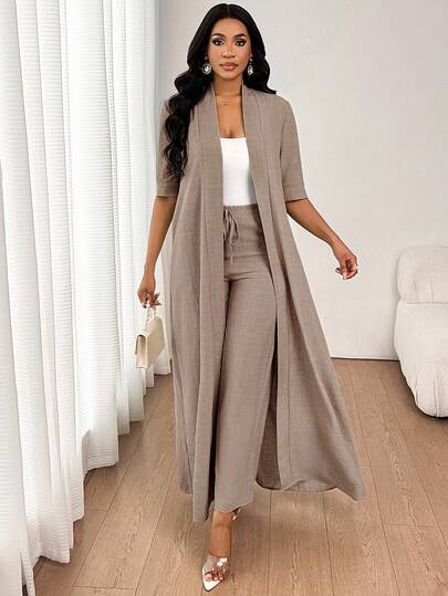 SHEIN Lady Elegant, avslappnad, pendling, semester, enkel, enfärgad lång koftajacka och löst sittande byxor med raka ben för kvinnor, tvådelat set, fyra säsonger