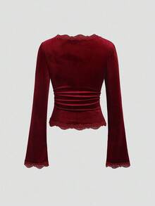 Sweetra Camiseta versátil de mujer con cuello de encaje y mangas acampanadas estilo vintage francés