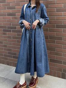 FRIFUL Women's Casual Washed Front Button Denim Dress, Autumn Denim Maxi Dress Women Jean Dress Long Sleeve Denim Dress Women Denim Dress - Blue - View 2