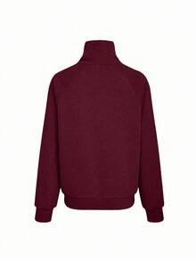 SHEIN Cottnline Women's Solid Color Raglan Sleeve Casual Loose Half-Zip Sweatshirt - Burgundy - View 2