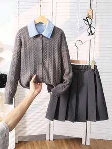 3 件套女童学院风毛衣、衬衫和百褶裙套装，适合返校季 - 灰色 - 查看 1