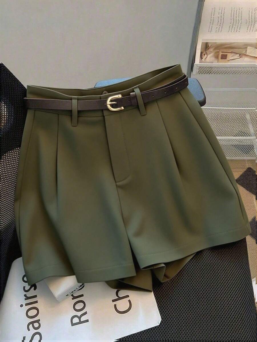 Franclia Casual & Commuting Fashion Versatile Mid-High Waist Belted Summer New Solid Color Khaki Women Shorts - Army Green - View 1