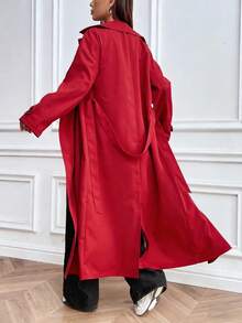 SHEIN Unity 女士翻领双排扣长袖时尚百搭长款风衣 - 紅色 - 查看 2