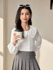 女士休闲优雅白衬衫，适合学校/大学季节 - 白色 - 查看 3