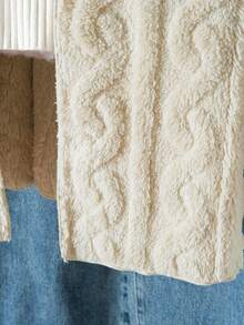 青少年女孩休闲百搭百搭家居服和学校日常粗针织条纹毛绒领前开中长款秋冬夹克 - 卡其色 - 查看 6