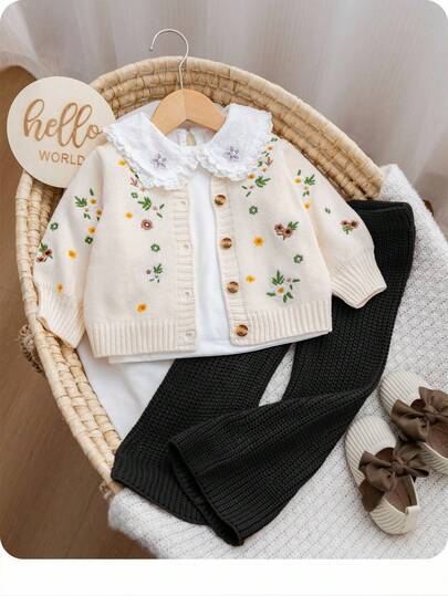 SHEIN Babygirl 花卉图案针织毛衣和松紧腰裤套装，米色，休闲百搭，适合秋冬