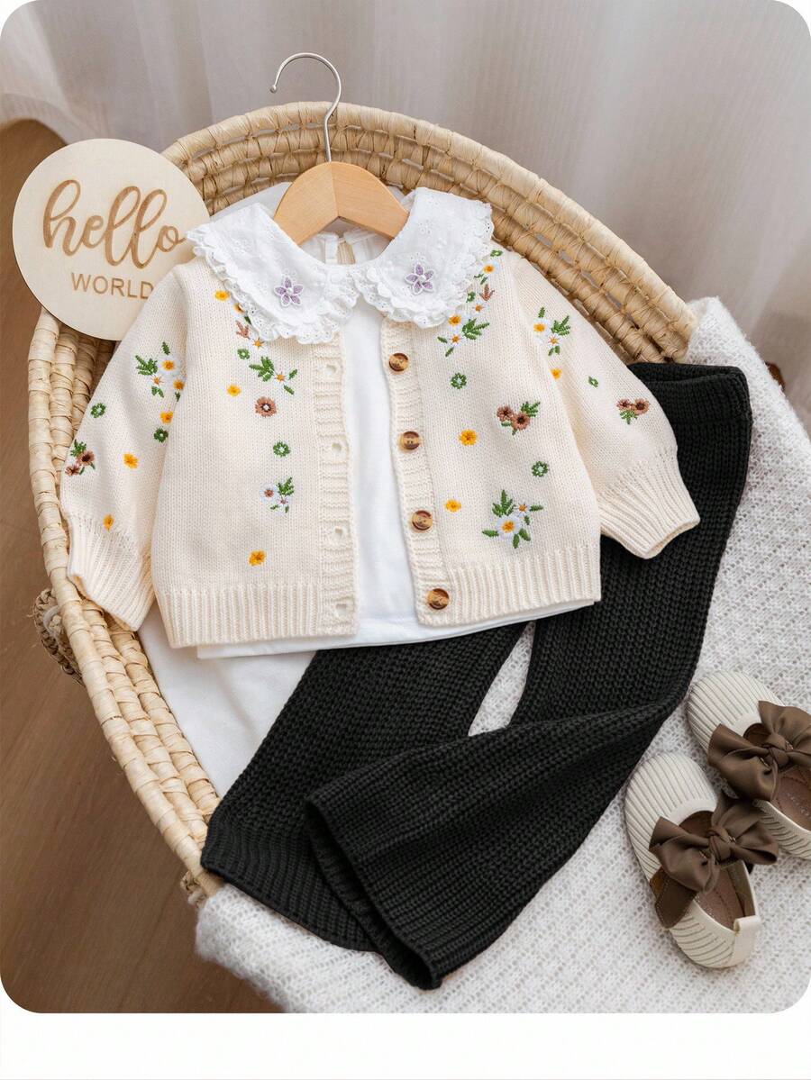 SHEIN Babygirl 花卉图案针织毛衣和松紧腰裤套装，米色，休闲百搭，适合秋冬 - 彩色 - 查看 1