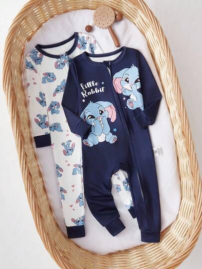 2pcs Baby Boy Soft Comfortable Snug Fit Sleepwear Set, Cute Cartoon Rabbit Print Zipper Long Sleeve Jumpsuit Fall Winter