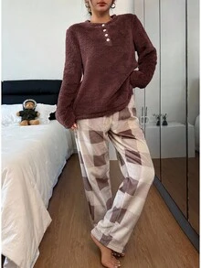 Dream Adore Bộ đồ ngủ nữ mềm mại in họa tiết kẻ caro màu tương phản, trang phục thu đông, trang phục ấm áp - màu nâu - Xem 7