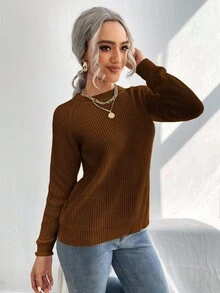 EMERY ROSE Casual Solid Color Side Slit Lace-Up Sweater - Brown - View 5