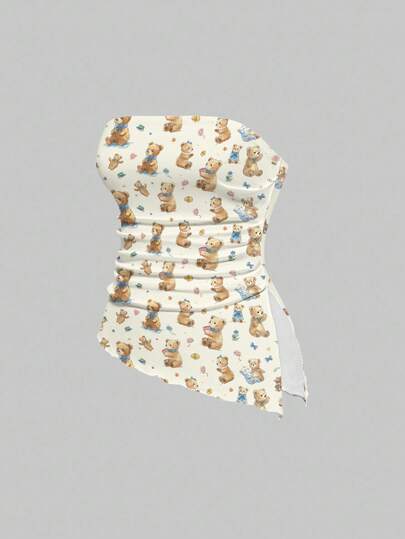 Kawaii Women's Cute Bear & Ditsy Floral Backless Halter Crop Top With High Slit Asymmetric Hem