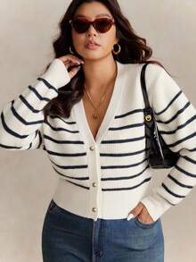 Elaquor 秋季大码休闲通勤条纹开衫 - 藍白色 - 查看 1