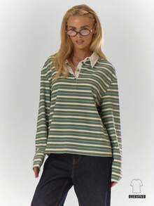 MUSERA Stripe Button Oversized Collard Polo Top Fall Autumn Cosy Cute Casual Coffee Club Winter Christmas Christmas,Elegant