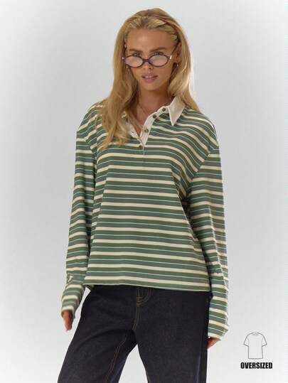 MUSERA Stripe Button Oversized Collard Polo Top Cosy Cute Casual Coffee Club  ,Elegant Spring Summer Holiday