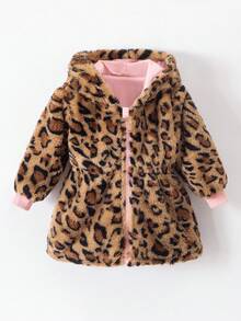 SHEIN Playful Pals 女婴新生儿0-3岁秋冬季保暖双面连帽仿毛皮法兰绒豹纹和纯黑色中长外套 - 彩色 - 查看 9