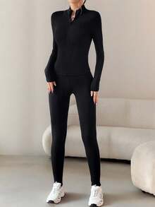 SHEIN EZwear 2件套女式纯色长袖拉链上衣和紧身裤套装 - 黑色 - 查看 6
