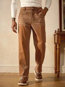 Manfinity Homme 男士棕色猫须水洗牛仔裤，拼色，磨损下摆，休闲宽松直筒牛仔裤，四季皆宜，垃圾摇滚风 - 棕色 - 查看 7