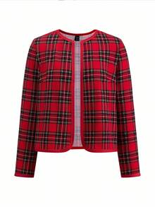Ellevyn Women's Round Neck Long Sleeve Red Plaid Elegant Casual Outerwear, Suitable For Christmas, Holiday, Autumn/Winter Fall Clothes For Women Jacket Christmas
