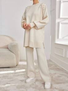 EURMUSE Women's Faux Pearl Embellished Colorblock White Sweater And Pants Set - White - View 6
