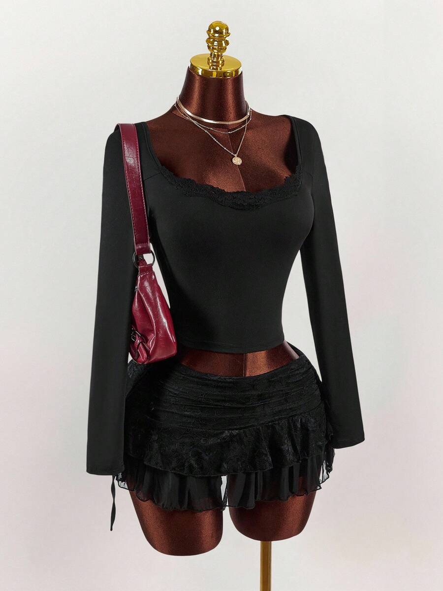Amplova Women Solid Color Contrast Lace Crew Neck Long Sleeve Cropped Fitted T-Shirt - Black - View 1