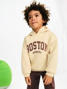 Maija Kids Maija Kids 小男孩纯米色字母印花连帽衫带口袋和休闲慢跑裤两件套，适合日常穿着，街头风格 - 卡其色 - 查看 3