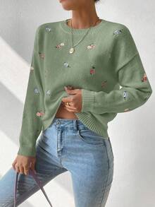 EMERY ROSE Áo len dài tay cổ tròn thêu hoa nhiều màu sắc dành cho nữ - màu xanh lá - Xem 7