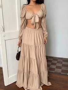 Sunnyshic Khaki,Autumn,Boho,Vacation,Holiday Women 2 Pieces Outfit Square Neck Backless Lantern Sleeve Crop Top And Layered Ruffle Patchwork Long Skirt Set - Khaki - View 4