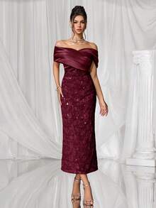 Coutiva 优雅落肩露背果绿色缎面拼接提花亮片下摆直裙后开衩派对礼服，适合生日派对、日常聚会、舞会礼服、鸡尾酒会、毕业典礼、学校开学派对等。