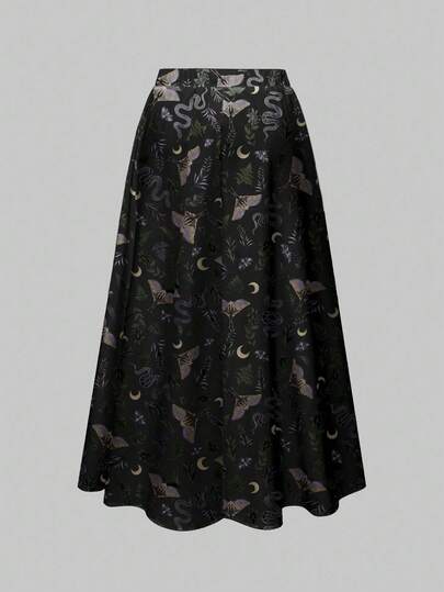 Goth Falda holgada y fluida de talla grande con estampado gótico, oscuro y misterioso de mariposa negra, murciélago, planta, sol, luna, estrella y polilla, adecuada para Halloween