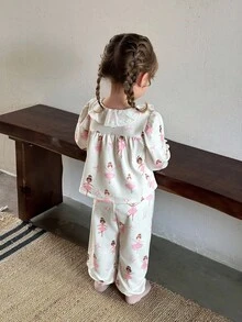 SHEIN 1 Set Girls Sweet Ballet Girl Print Outfit Lace Collar Long Sleeve Cardigan + Elastic Cuff Pants, Autumn/Winter Fall - Pink - View 2