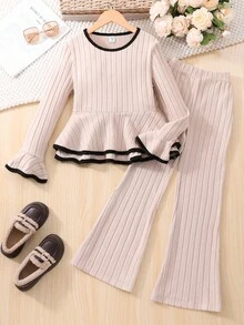 Sparklyn Girls' Spring/Autumn Flared Sleeve Top And Pants Casual Street Fashion Suit Fall Winter - Apricot - View 3