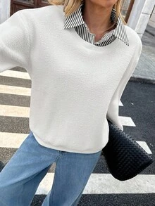 Chiquease 女式休闲条纹拼布宽松套头衫，秋季 - 杏色 - 查看 1