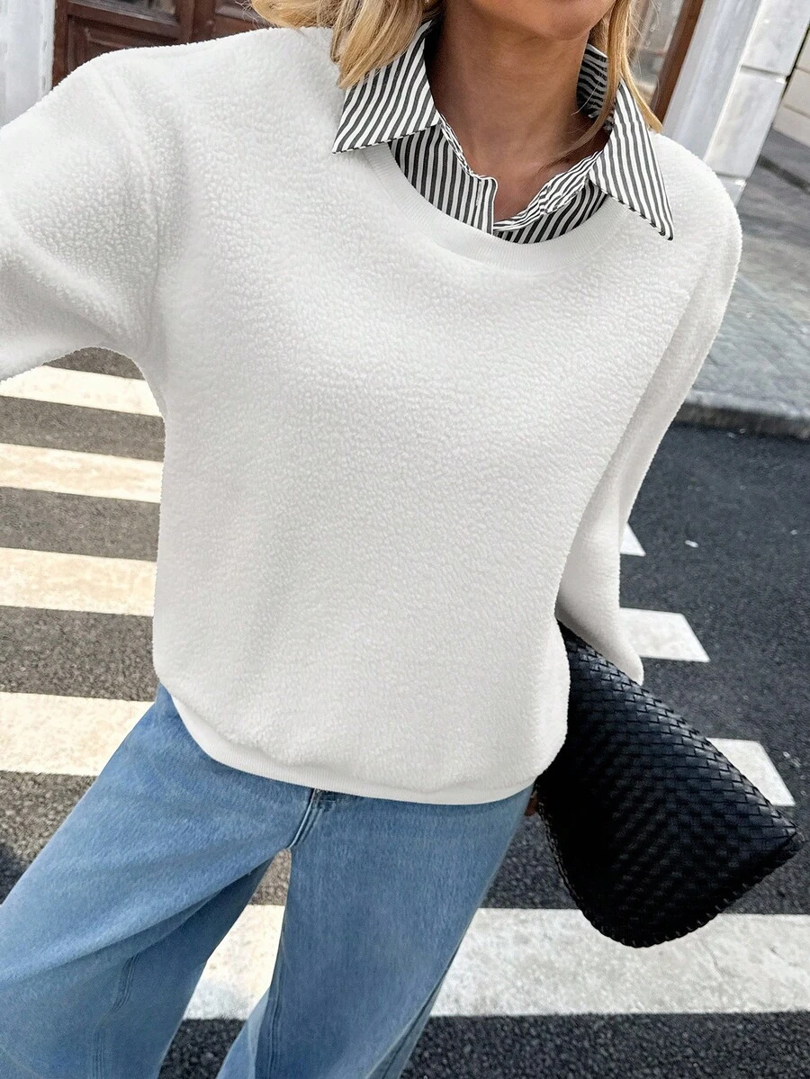 Chiquease 女式休闲条纹拼布宽松套头衫，秋季 - 杏色 - 查看 1