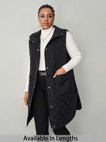 SHEIN Tall CURVE Große Größen Geometrisch gesteppter Stehkragen Reißverschluss-Vier-Knopf Patchentasche Wattierte Jacke für Herbst und Winter für Frauen - marineblau - Übersicht 7