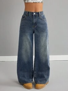 SHEIN 女童复古蓝色宽松低腰牛仔裤 - 深色水洗藍 - 查看 5