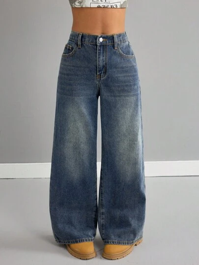 SHEIN Tween Girl Retro Fashion Vintage Blue Loose Low-Waist Baggy Jeans Fall Winter,For Fall/Winter Dailywear Outfits, Streetwear, Halloween, Christmas,Jeans,Winter
