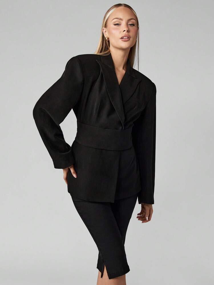 MISSGUIDED Women Belted Blazer Structured Shoulder Pad Long Sleeve Professional Office Business Formal Wear Wide Lapel Padded Suit Jacket Evening Party Spring Fall Fashion