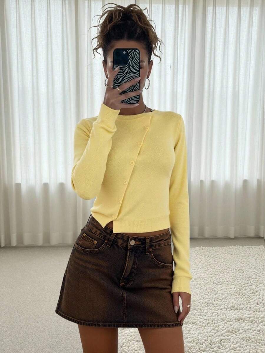 SHEIN BAE Women's Solid Color Oblique Collar Single-Breasted Casual Knitted Cardigan, Long Sleeve,Halloween,Halloween Clothes Women,Winter Clothes Women,Fall Sweaters,Fall Clothes For Women,Fall Fashion,Fall Women Sweaters, Yellow Sweater, Butter Yellow Top,Cute Sweater,
